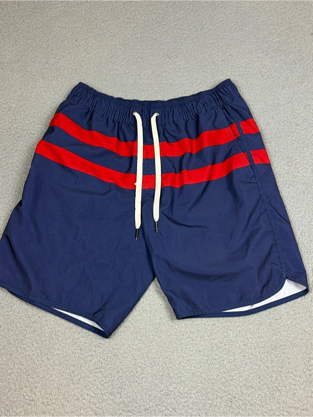 Fair Harbor Swim Trunks Men’s S Navy with Red Stripes Drawstring Lined Beach